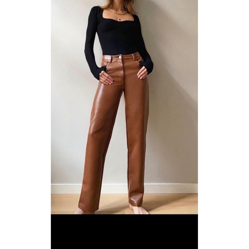 Wilfred Aritzia Melina Vegan Leather Pants Brown Straight Leg 81720 Womens 29x30
